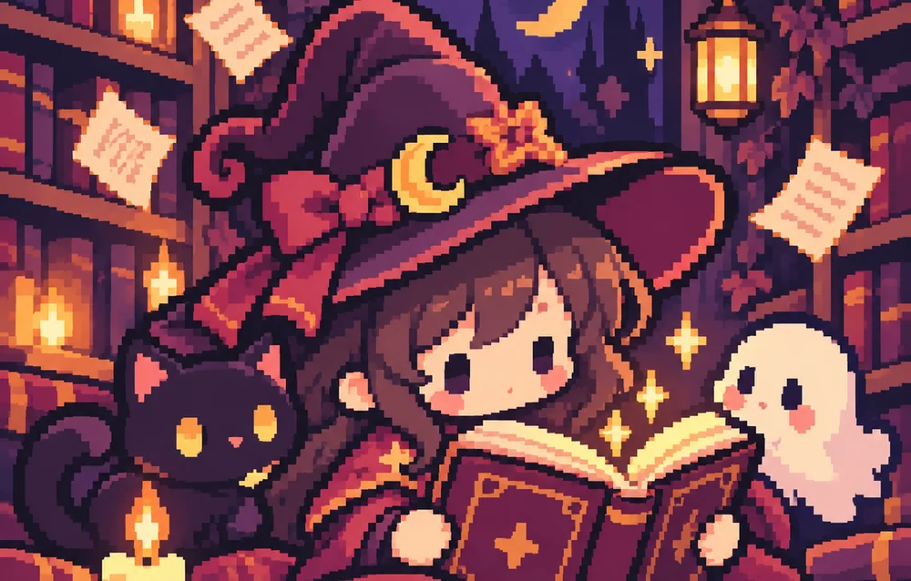 A young witch reading a glowing book in a candlelit library, with a black cat and a little ghost