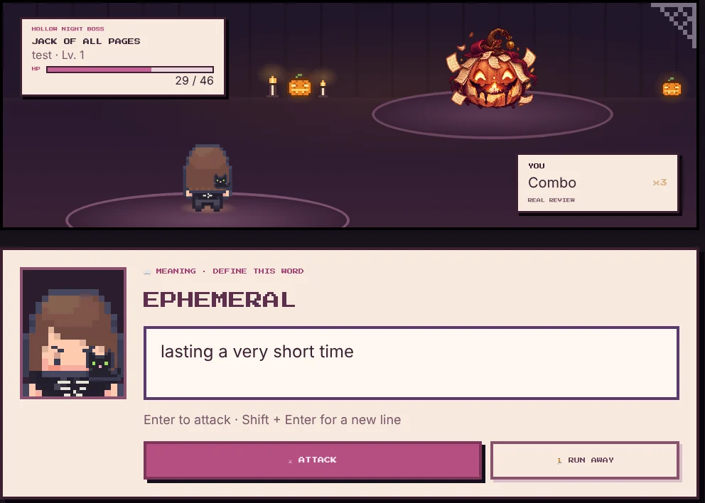 A battle: your avatar faces a pumpkin boss while you type the meaning of the word ephemeral