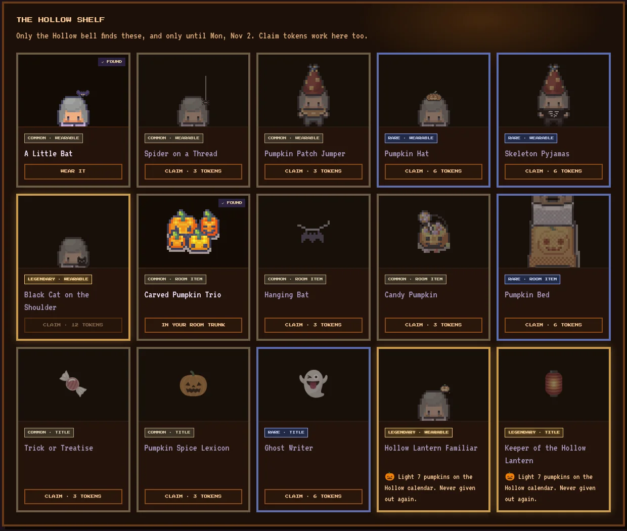 The Hollow Shelf: Halloween outfits, room items and titles you can find during the event